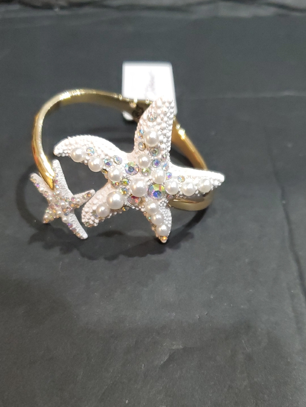 Betsey Johnson gold plated pearl pave crystal starfish clasp hinged bangle new